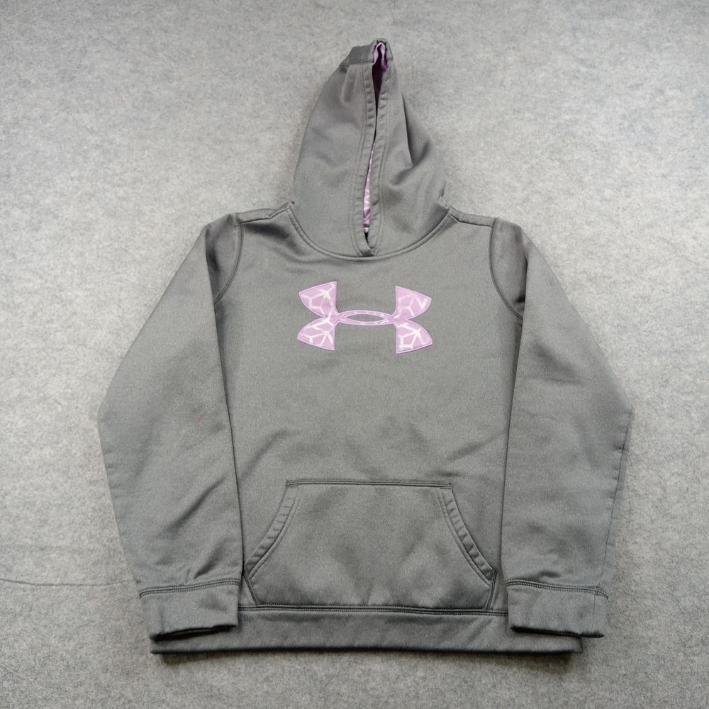 Under Armour Hoodie Youth Medium 10-12 Gray Pink Logo Fleece Pullover Sweatshirt